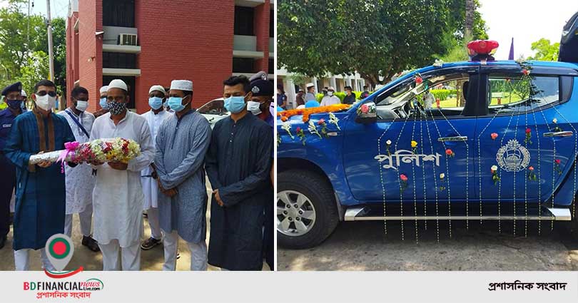 পিআরএল এ যাওয়া সহকর্মীকে সুসজ্জিত গাড়িতে করে বাড়ি পৌঁছে দিলেন মেহেরপুর জেলার পুলিশ সুপার